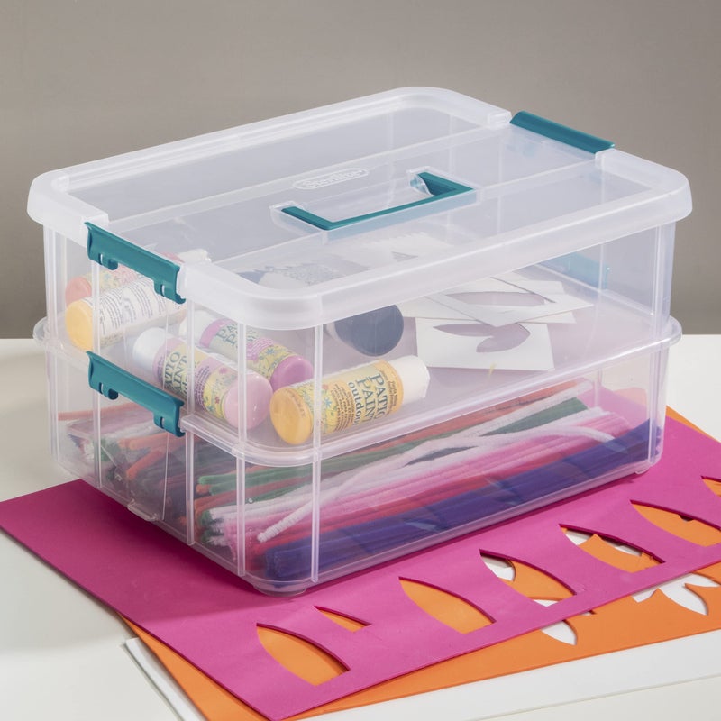 Sterilite 1427CLR Stack & Carry - 2 Layer Box, Clear Lid & Blue Handle, See-through layers - Image 3